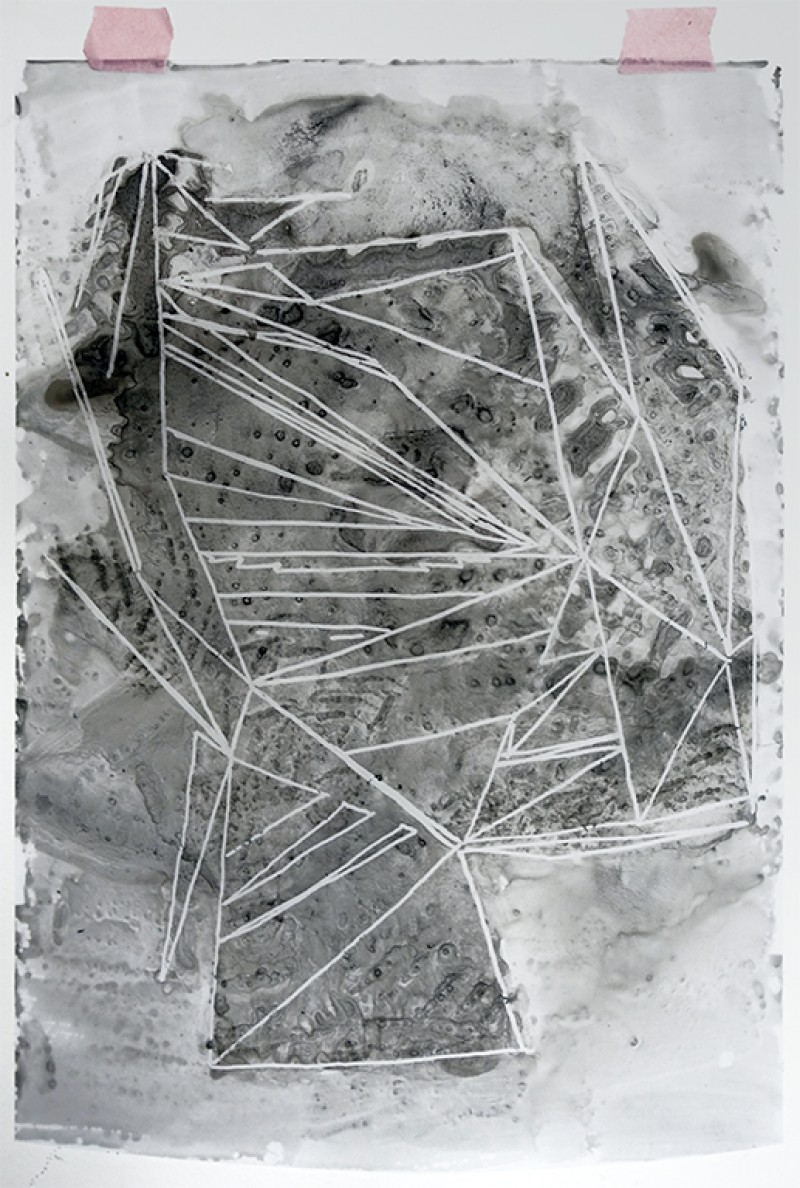 ink painting on plastic film showing digital abstraction produced manually but designed in virtual reality